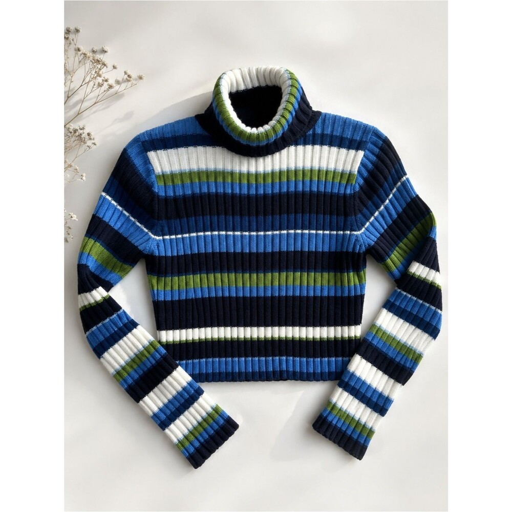 Vintage Y2K Taunt Ribbed Striped Turtleneck Crop Sweater | Blue Green | Size L